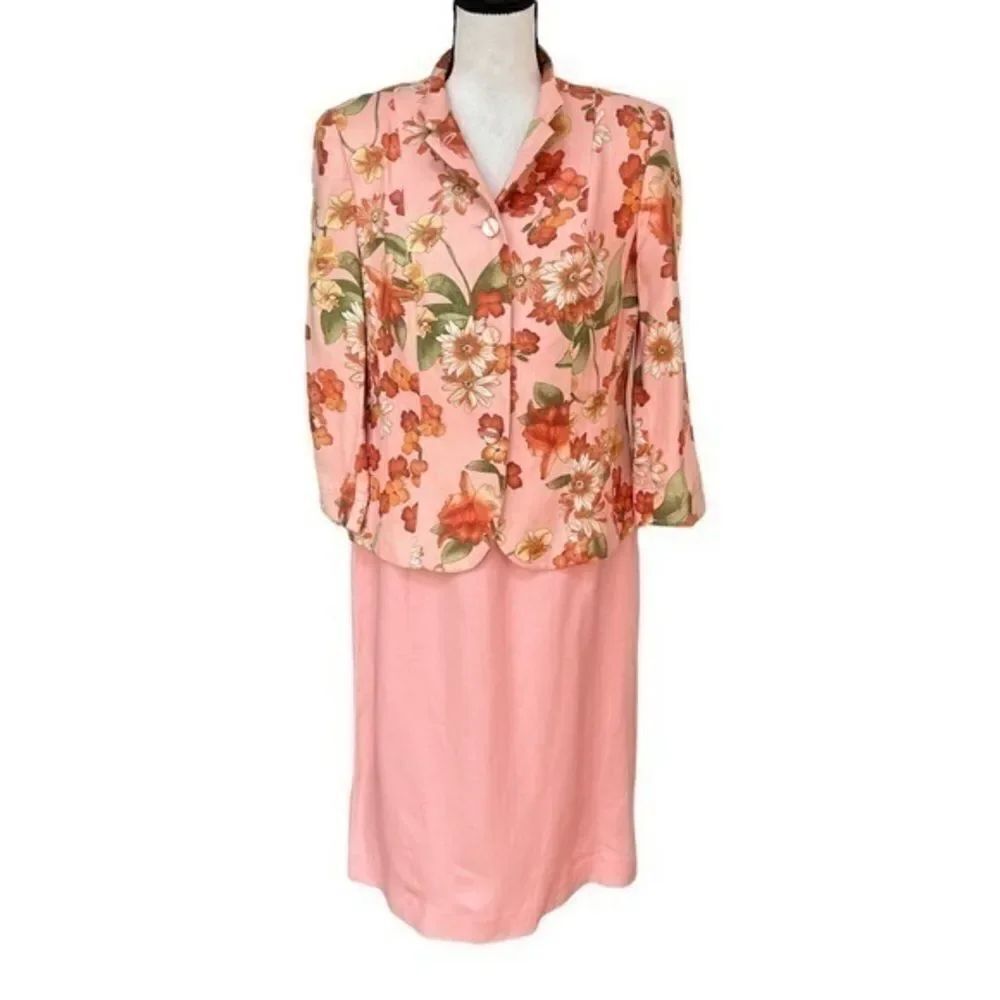 Emma James Floral Orange Pink Coral Blazer Tank Dress Set Wm 12 linen blend